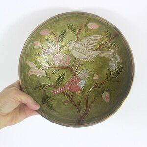 Vintage Enamelled Brass Pedestal Bowl Hand Painted Enamel Birds Flowers Green